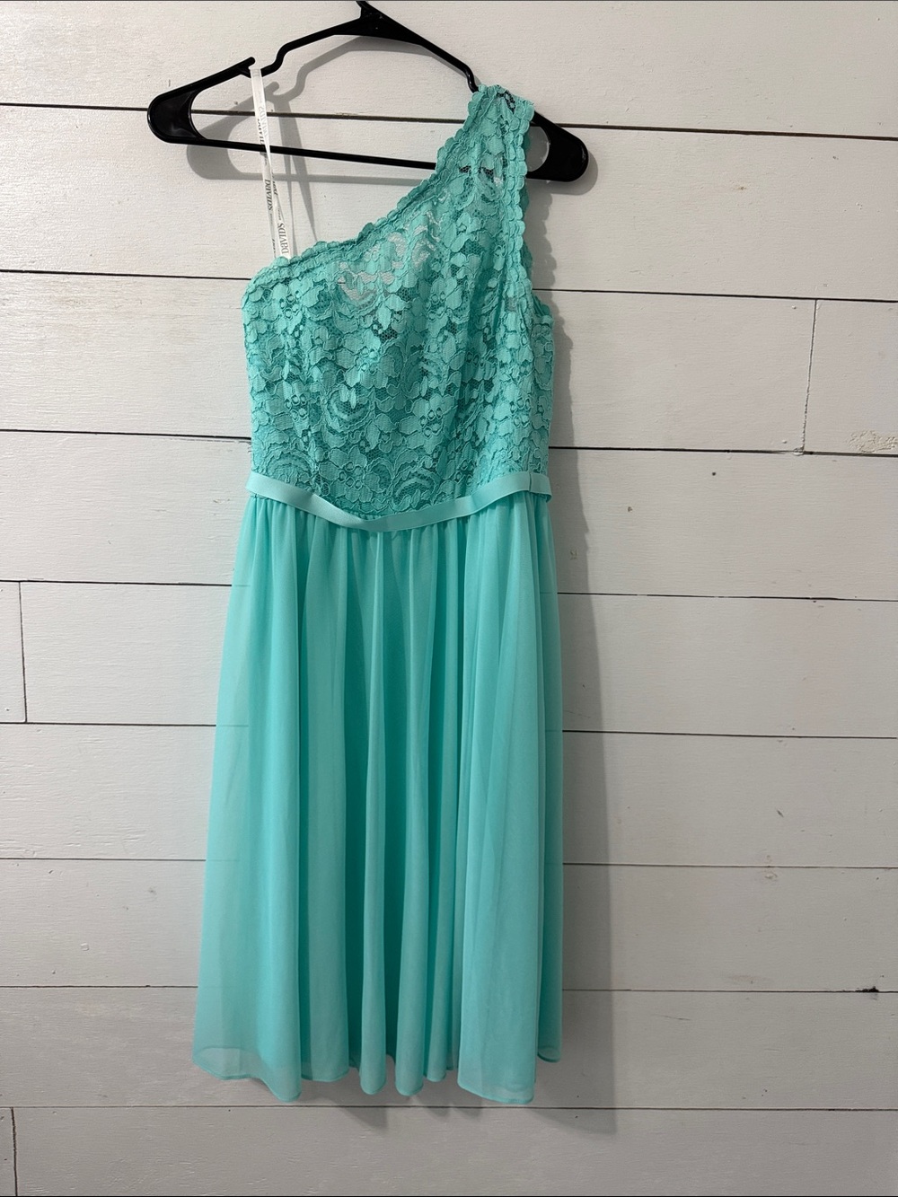 David's Bridal One-Shoulder Lace Bodice Chiffon Dress in Mint
